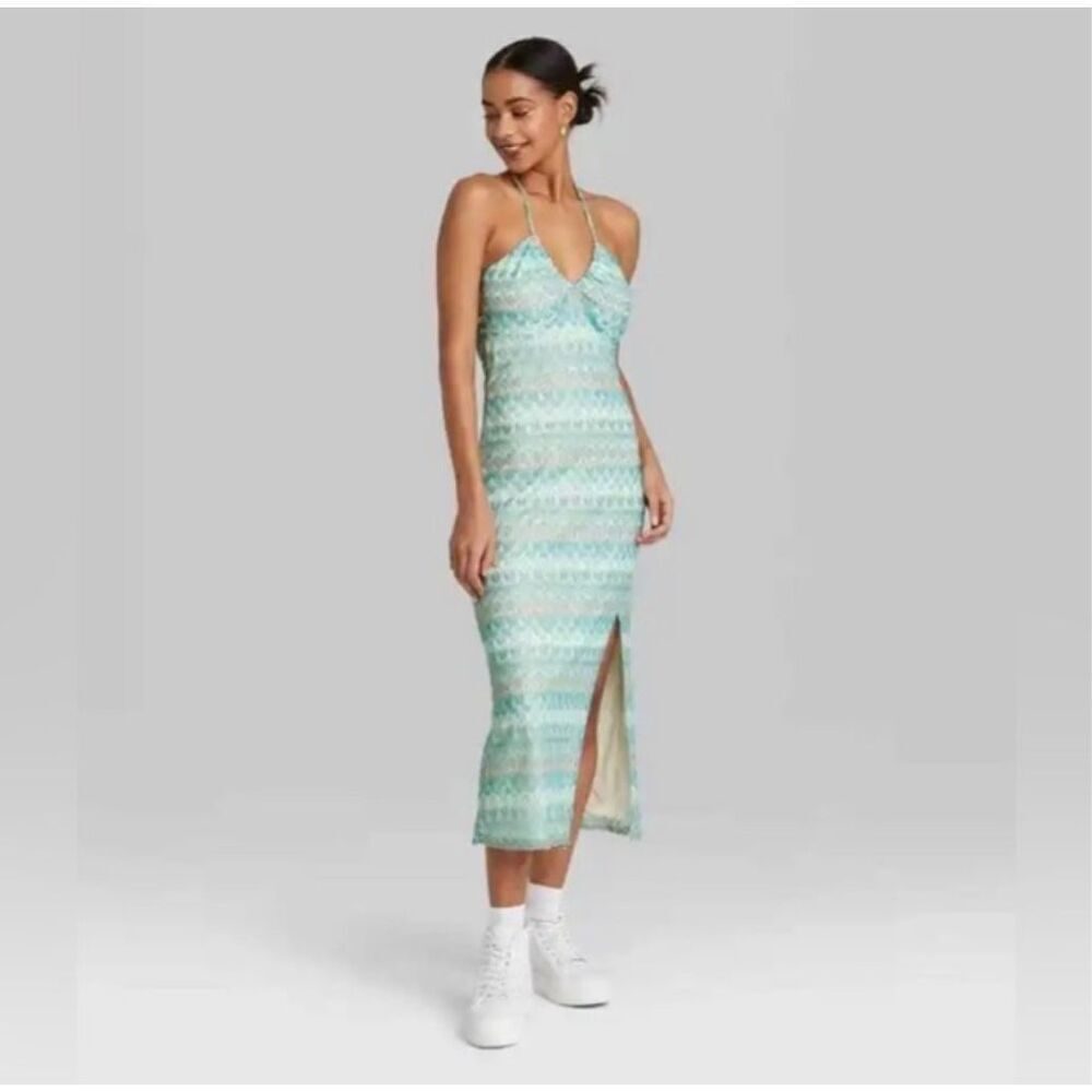 Wild Fable NWT Crochet Halter Tie Neck Lace Up Midi Slip Dress Aqua Blue Size 3X